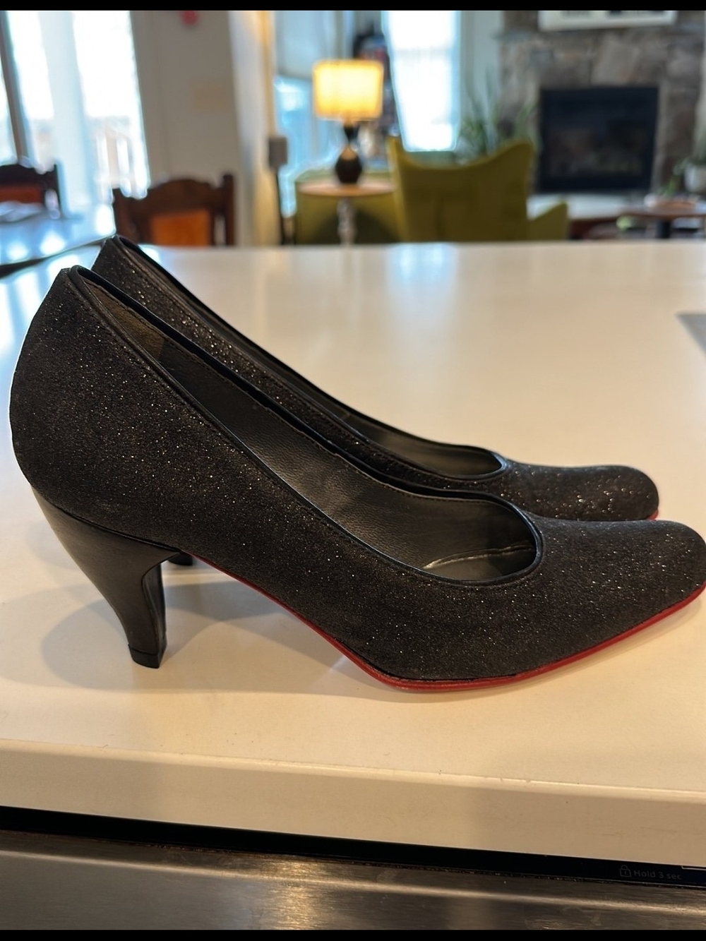John Fluevog Black Glitter Mid Heel Teapots Pumps - Women's Dress Shoes Size 8